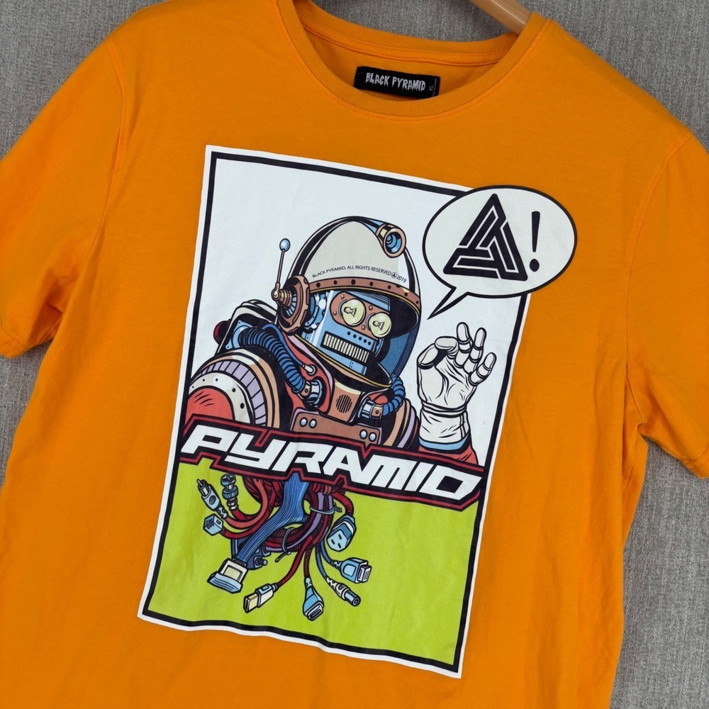 Black Pyramid Robot Graphic‎ T-Shirt Mens XL Orange Short Sleeve Crew Neck
